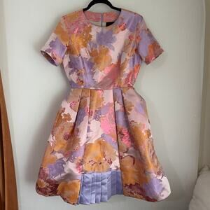 Io Couture Floral Foliage Pastel Fit & Flare Pleated Structured Mini Dress US 40